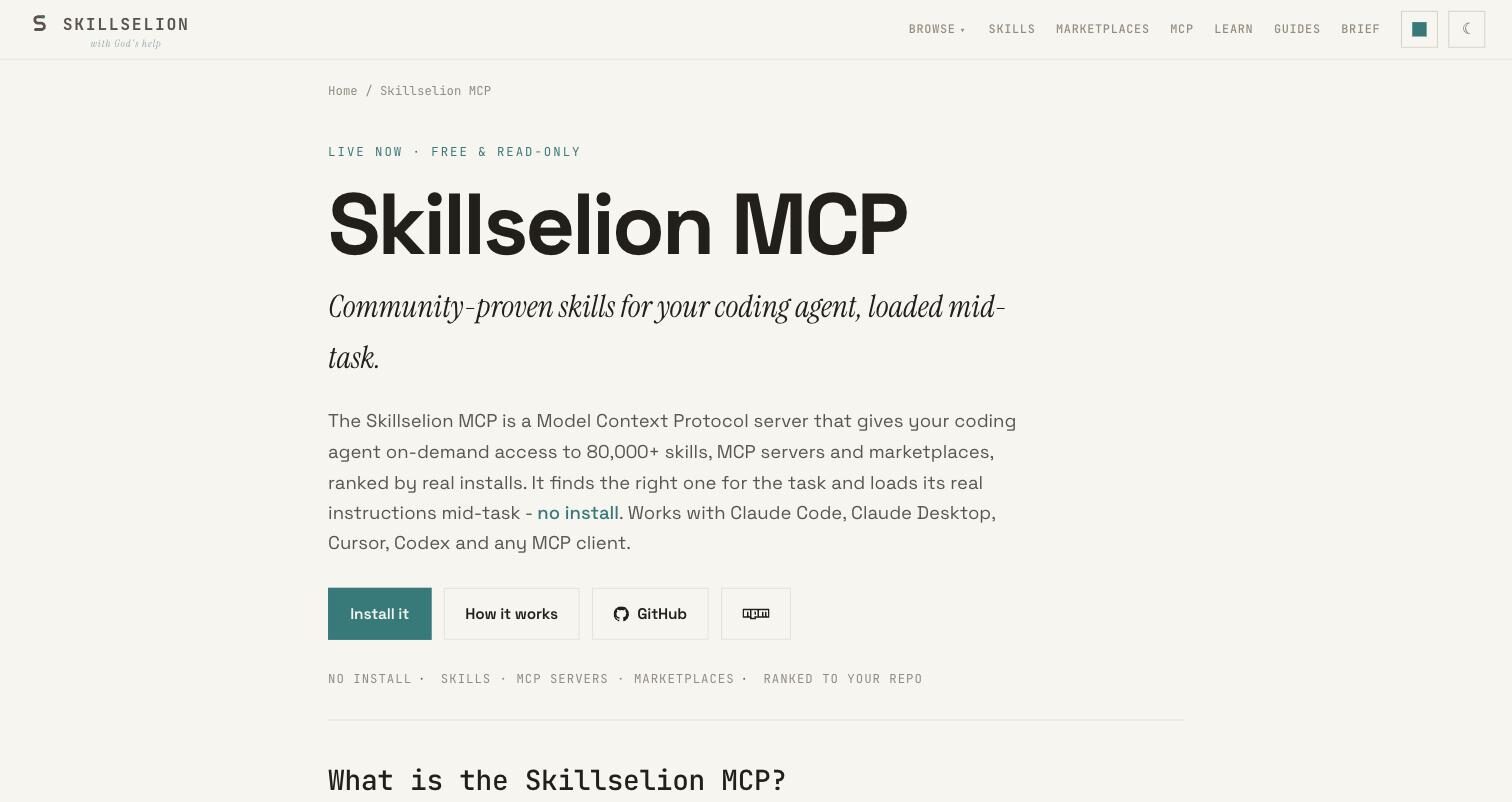 Skillselion-MCP-Seite: Skills für Coding-Agenten, geladen mitten in der Aufgabe