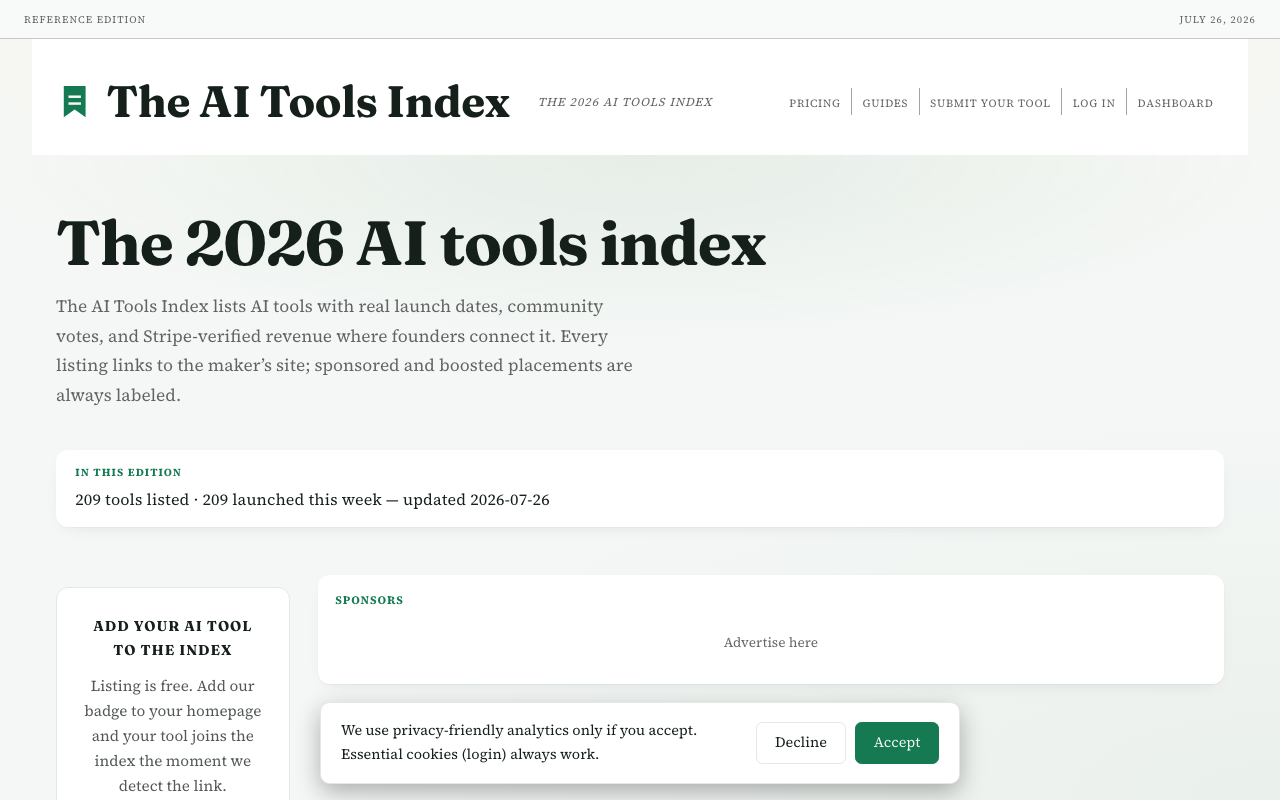 The AI Tools Index homepage